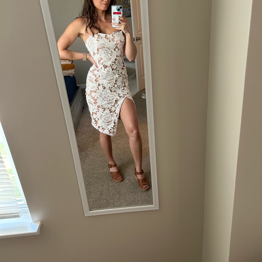 White Strapless Showpo. Lace Dress